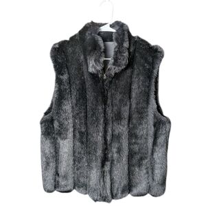 Coaco Luxurious Black Faux Fur Reversible Vest Zipper Pockets Collar Sleeveless